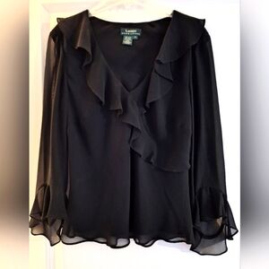 RALPH LAUREN Authentic Black V-Neck Silk Sheer Blouse with Ruffles- Sz. Medium